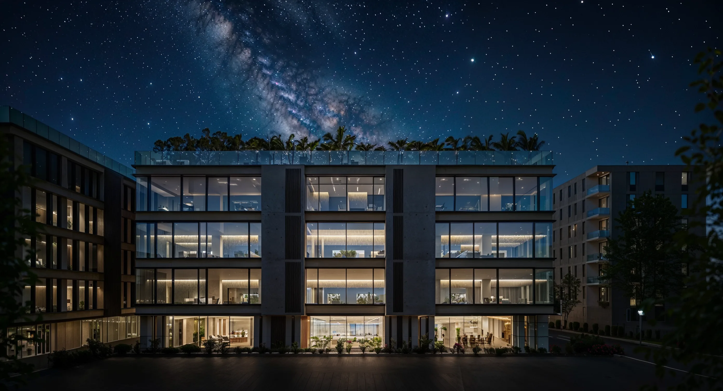 Modern Glass Building — Night Render